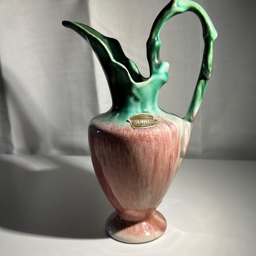 Vintage American Art Pottery Norwood, Morton Illinois Pink & Green Pitcher